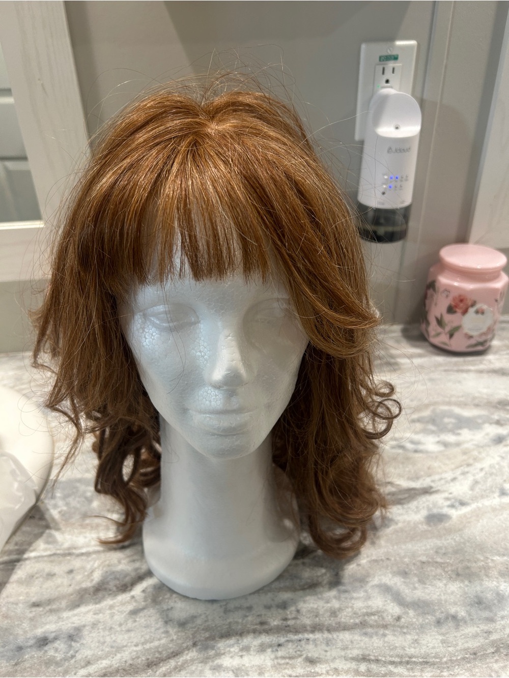 Natural-Look Women’s Wig with Bangs in Auburn Red with mannequin head  included